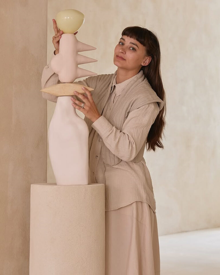 Maja Tybel with a sculptural TYBEL FORMS lamp